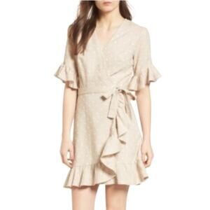 WAYF Linen Blend Ruffle Beige Polka Dot Wrap Tie Waist Mini Dress Size Small